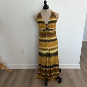 Essentials by ABS Womens Dress Size 6 Yellow Gold Brown Halter Neck Maxi Stretch